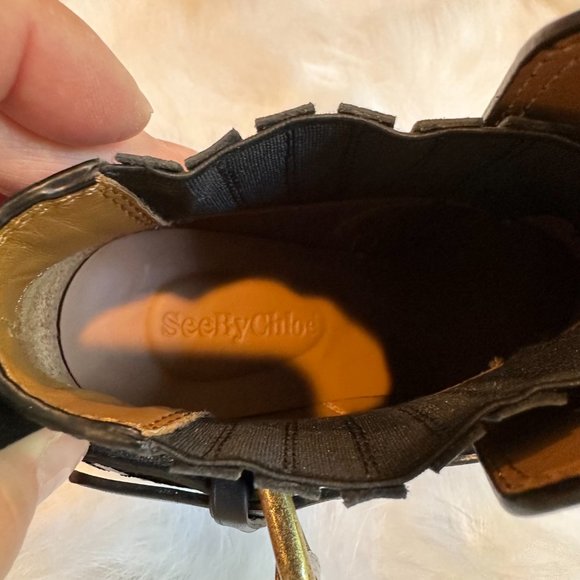 See by Chloe Ankle Boot Cappa Leather Boho Heeled Black Buckle Pull On Sz 6 - Picture 8 of 13